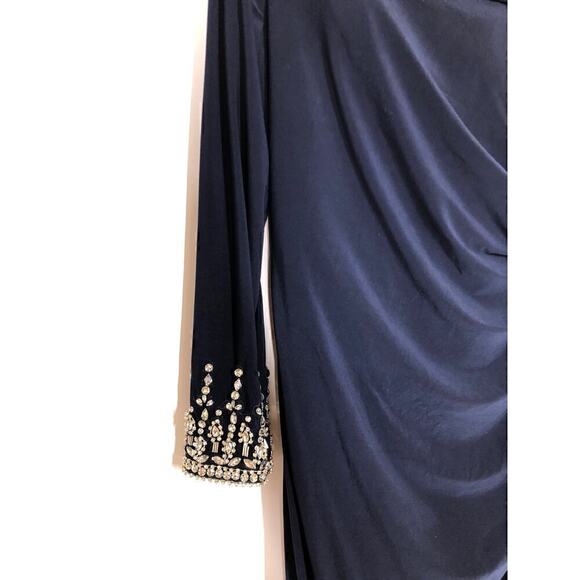 Mac Duggal 12231 Dress Beaded Cuff Drop Shoulder Faux Wrap Gown Midnight… - Picture 8 of 15